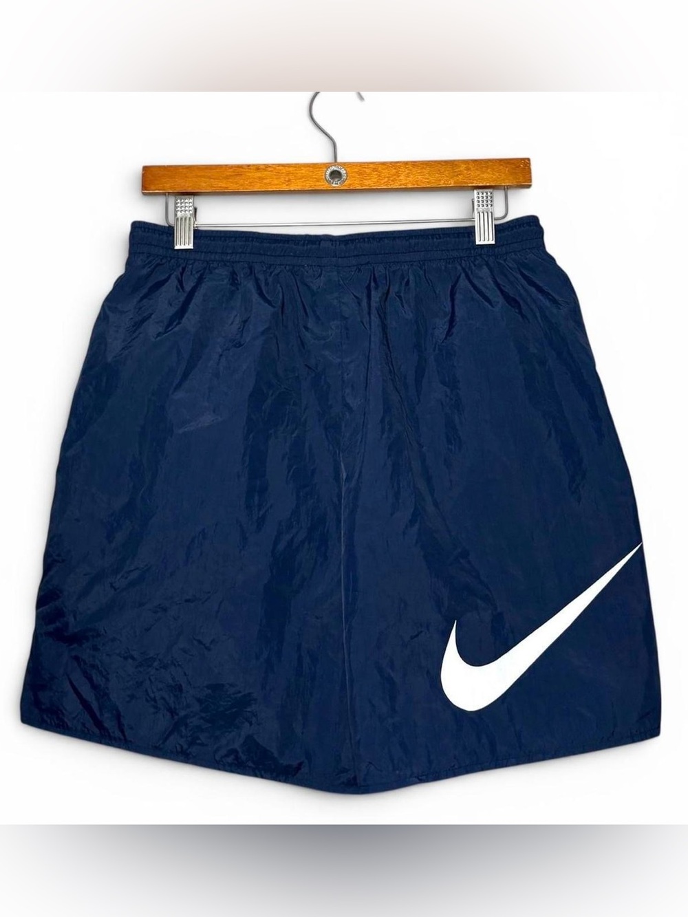 Vintage 1990s Nike Big Swoosh Check Nylon Shorts Navy Blue